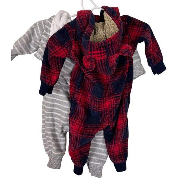 Carter's Fleece Bear Ear Footless Suits Red Blue Plaid Gray Striped 3 Months - Picture 2 of 7
